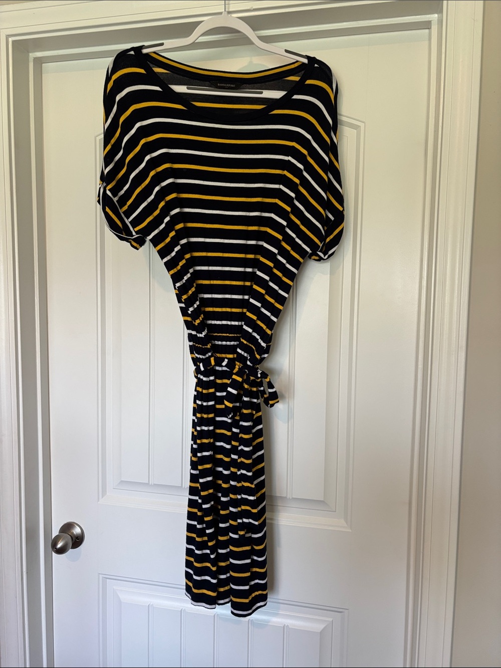 Banana Republic Navy, Yellow & White Striped Tie-Waist Midi Dress